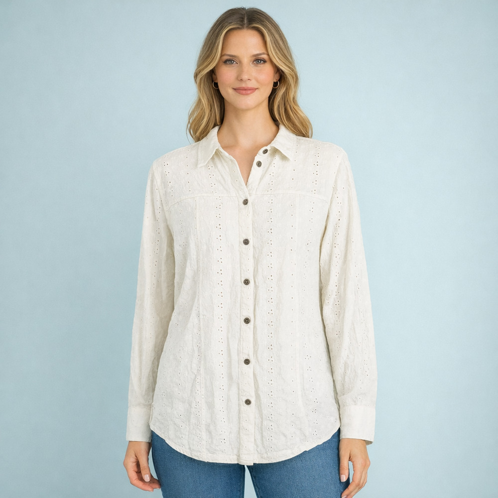 Soft Surroundings Size Medium M Ivory Eyelet Embroidered Collared Knit Tunic Top